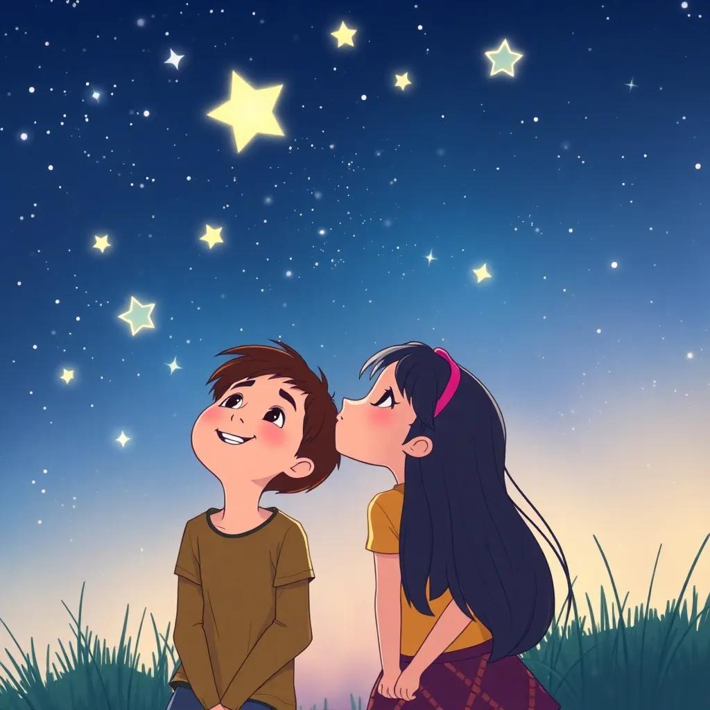 The friends gazing up at the stars, filled with happiness, knowing their friendship is the best magic, twinkling stars surrounding them, peaceful setting, high quality