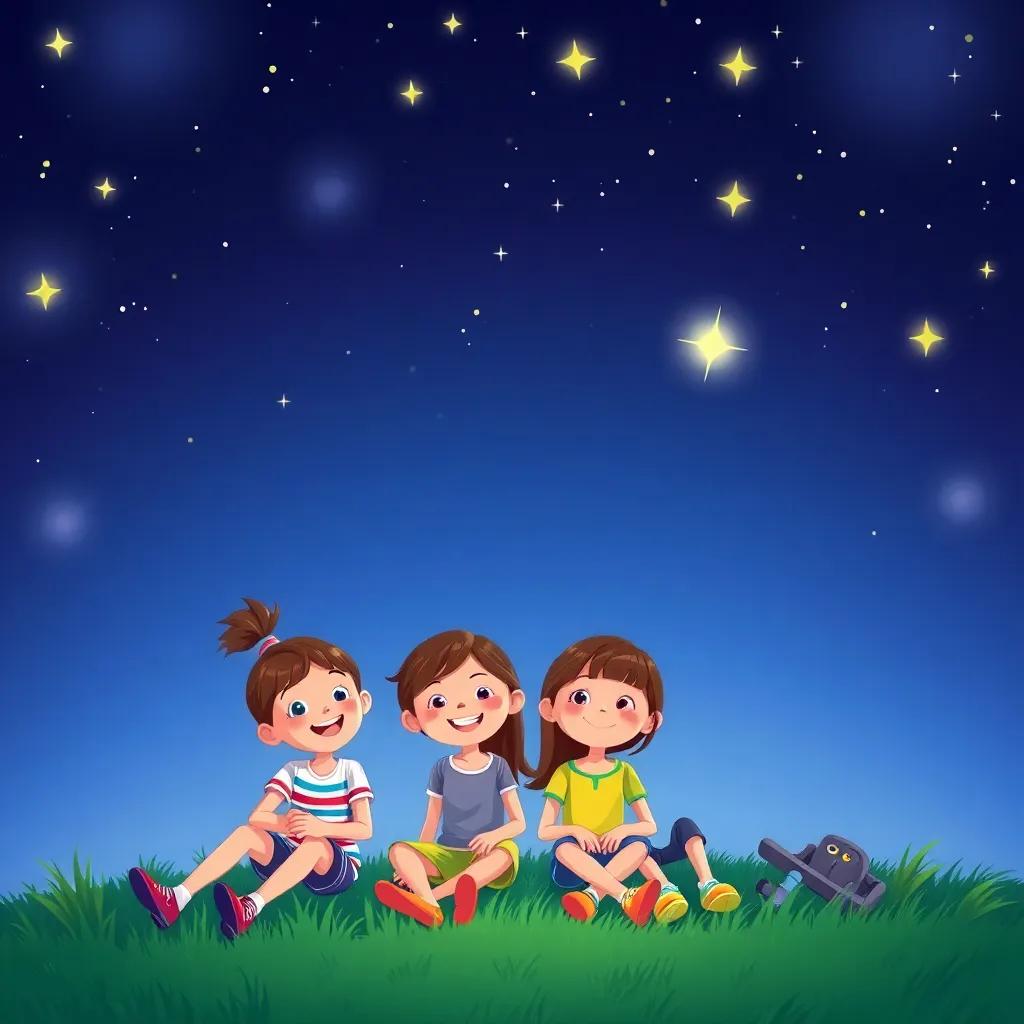 A night sky filled with bright stars and a shooting star streaking across, four friends sitting outside on bright green grass, cheerful expressions, illustration, colorful, whimsical, fantasy