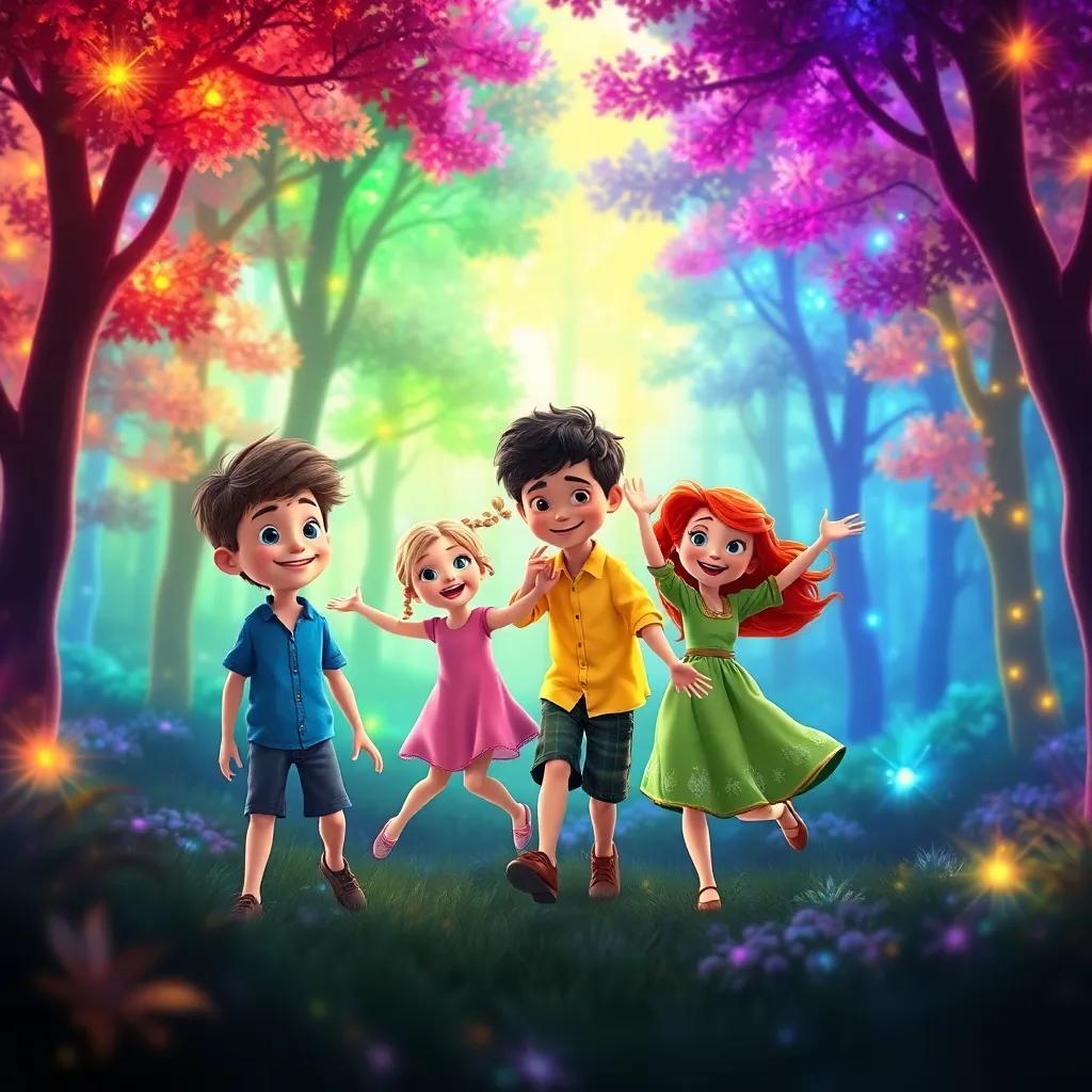 A glowing forest scene with colorful trees, Max, a young boy with brown hair in a blue shirt, Lily, a girl with braided blonde hair wearing a pink dress, Tom, a boy with curly black hair in a yellow shirt, and Mia, a girl with red hair in a green dress, dancing happily among the vibrant trees, vibrant colors, magical atmosphere