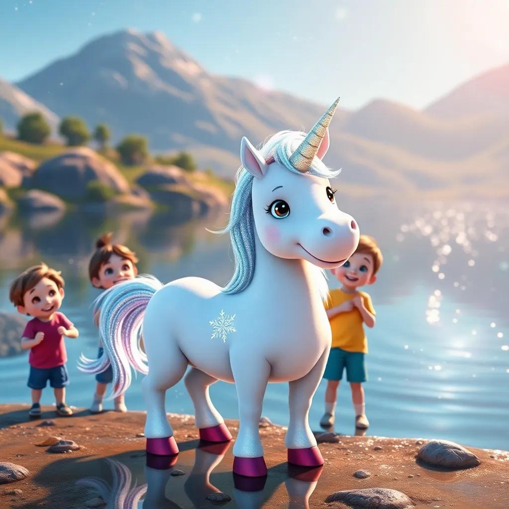 A friendly unicorn named Sparkle with a shimmering mane and a joyful smile, standing next to four excited children in a sparkling lake area, beautiful reflections, enchanting landscape, happy vibes