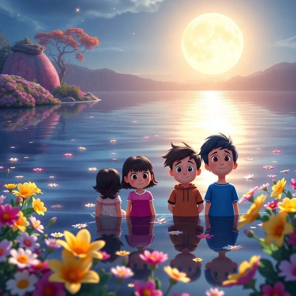 A shimmering lake reflecting the moonlight and surrounded by colorful flowers, Max, Lily, Tom, and Mia watching their wishes dance on the water surface, wonder in their eyes, dreamlike setting, colorful