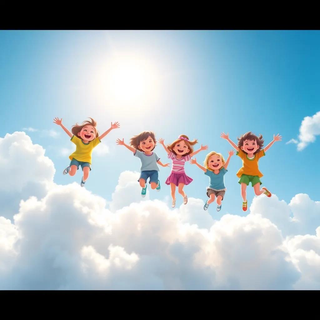 Children jumping on fluffy white clouds in a sunny sky, laughter filling the air, the four friends bouncing joyfully, magical and playful, adventure-filled atmosphere