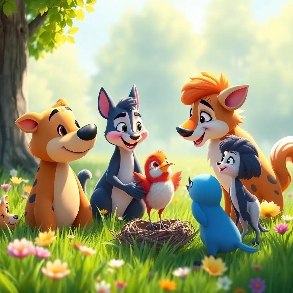 Animals helping each other in a peaceful meadow, Max, Lily, Tom, and Mia working together to help a little bird find its nest, teamwork and kindness portrayed, vibrant colors, heartwarming