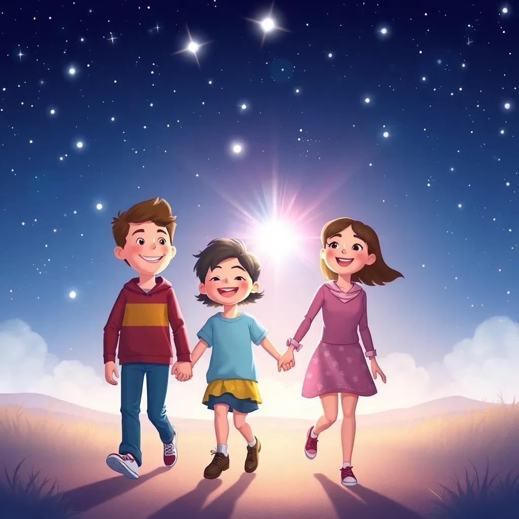 A sparkling flash of light as the friends hold hands under the starry sky, bright stars shining above them, cheerful expressions as they return home, magical and joyful atmosphere