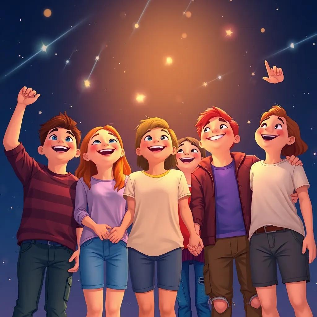 A group of friends looking up at shooting stars in the night sky, all holding hands and smiling, enjoying the moment together, warm and vibrant, cheerful