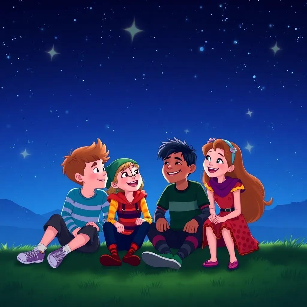 A beautiful night scene with stars twinkling above the four friends, Max, Lily, Tom, and Mia, sitting together and laughing, forming a bond of friendship, serene and joyful, bright colors