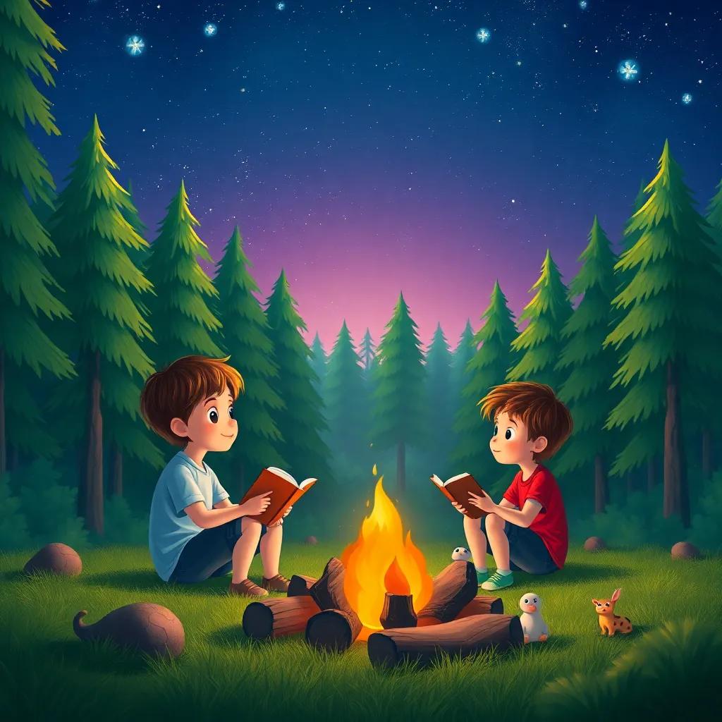 A group of three children sitting around a campfire in a lush green forest under a starry sky, sharing stories, cozy and warm atmosphere, digital art, vibrant colors, inviting scene