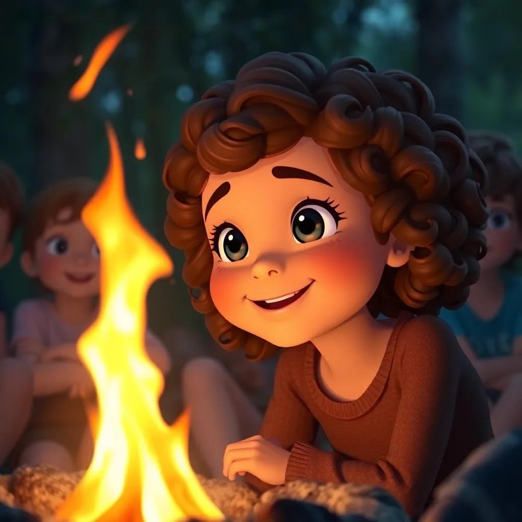 A cheerful girl with curly brown hair, Sarah, looking into the campfire with wonder in her eyes, surrounded by friends, soft glowing flames, storytelling moment, child-friendly, enchanting