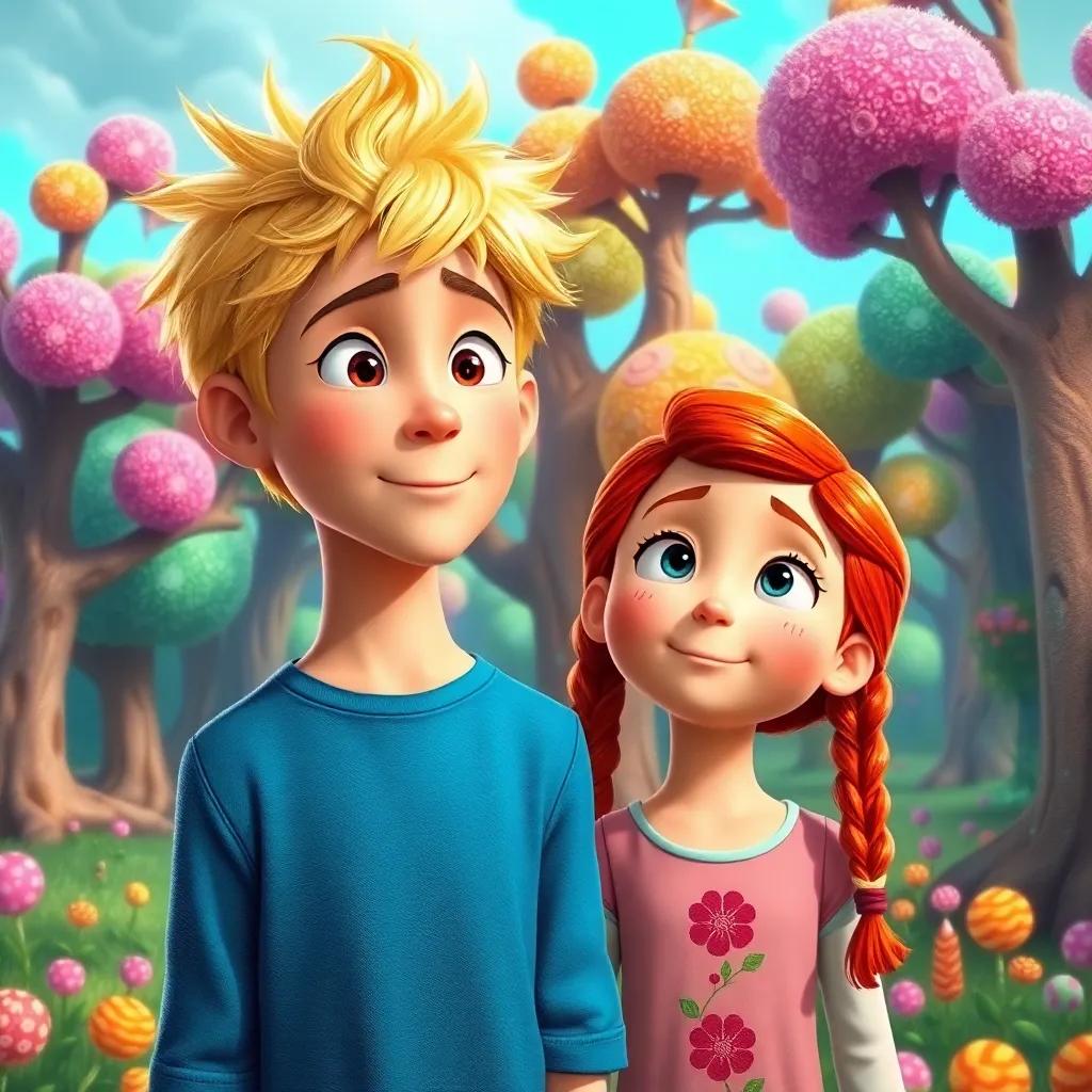 A tall boy with blonde hair, Tom, and a girl with red braids, Lucy, imagining a magical kingdom where trees are made of candy, colorful and whimsical scene, fantasy, high quality