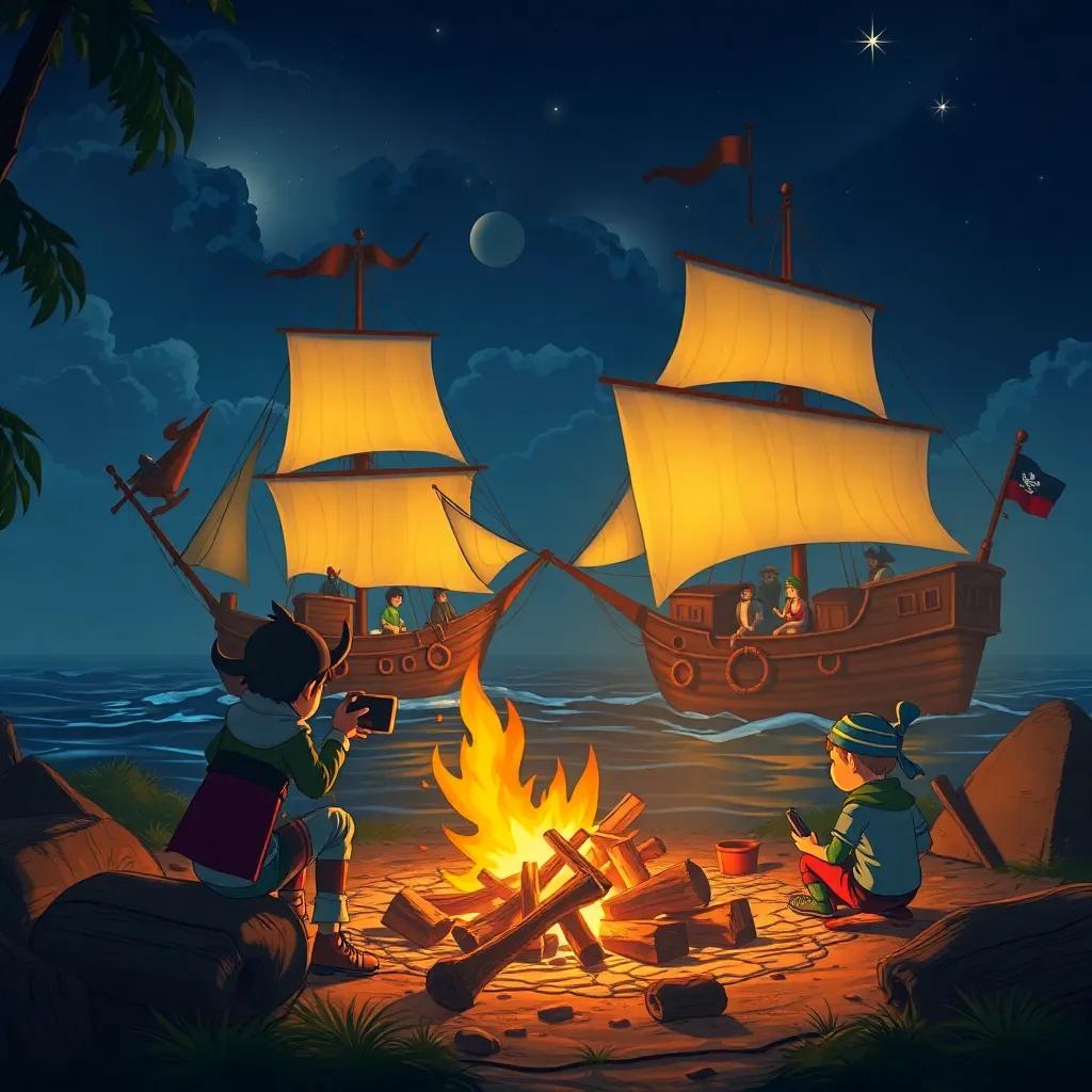 The campfire glowing brighter while telling a tale about brave pirates on golden ships, children imagining sailing, adventurous and exciting atmosphere, detailed illustration
