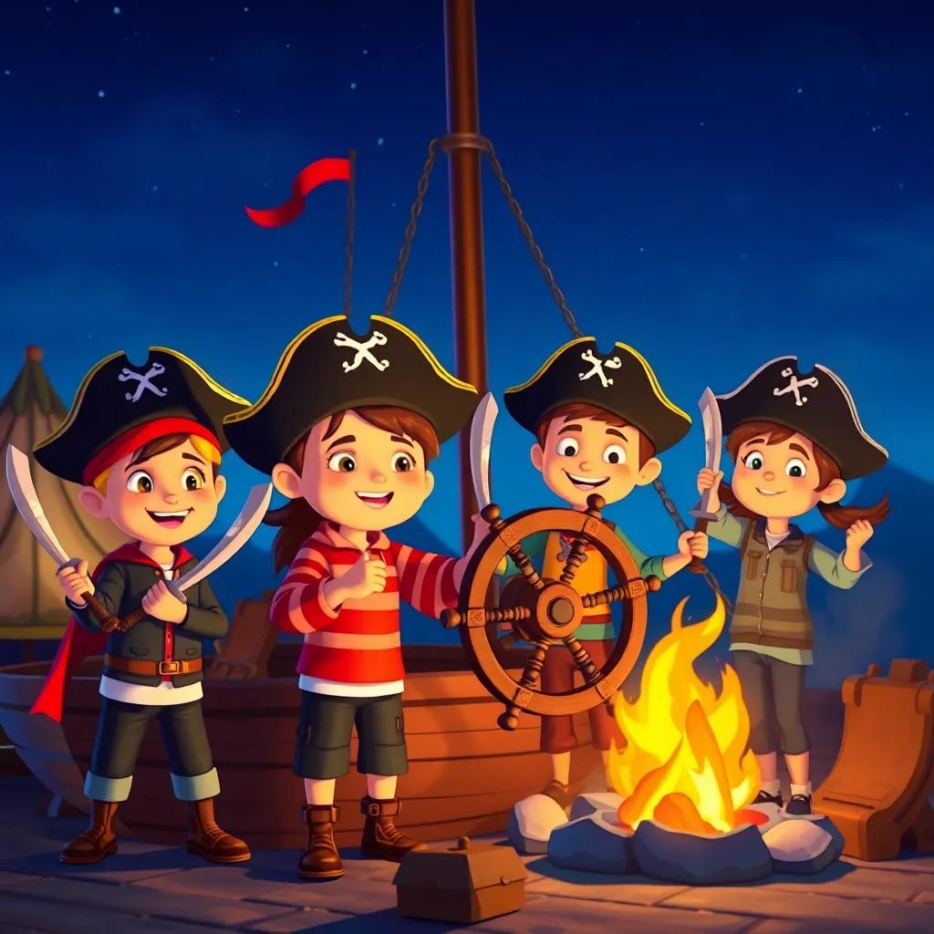 Children pretending to steer a ship as pirates, dressed in pirate hats and holding wooden swords, playful and fun scene by the campfire, lively colors, animated
