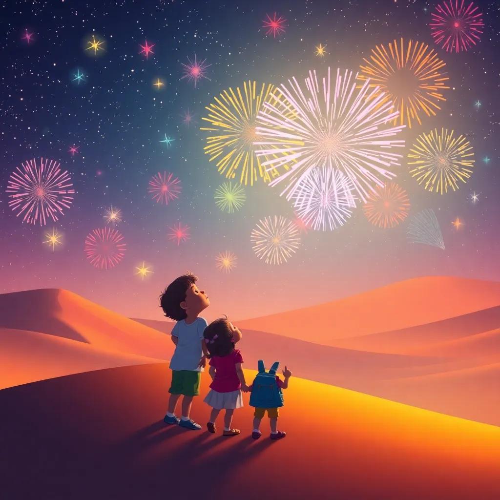A starlit desert with colorful fireworks in the sky, children looking up in awe, feeling the magic of wishes, joyful and dreamy, fantasy illustration