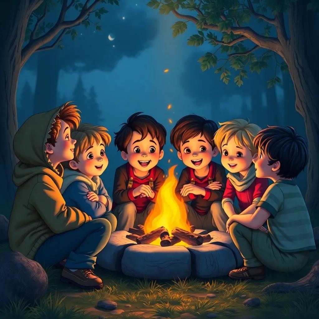 Children gathered close to the campfire, sharing hopes and dreams, warm and connected atmosphere, detailed expression of joy, heartwarming scene
