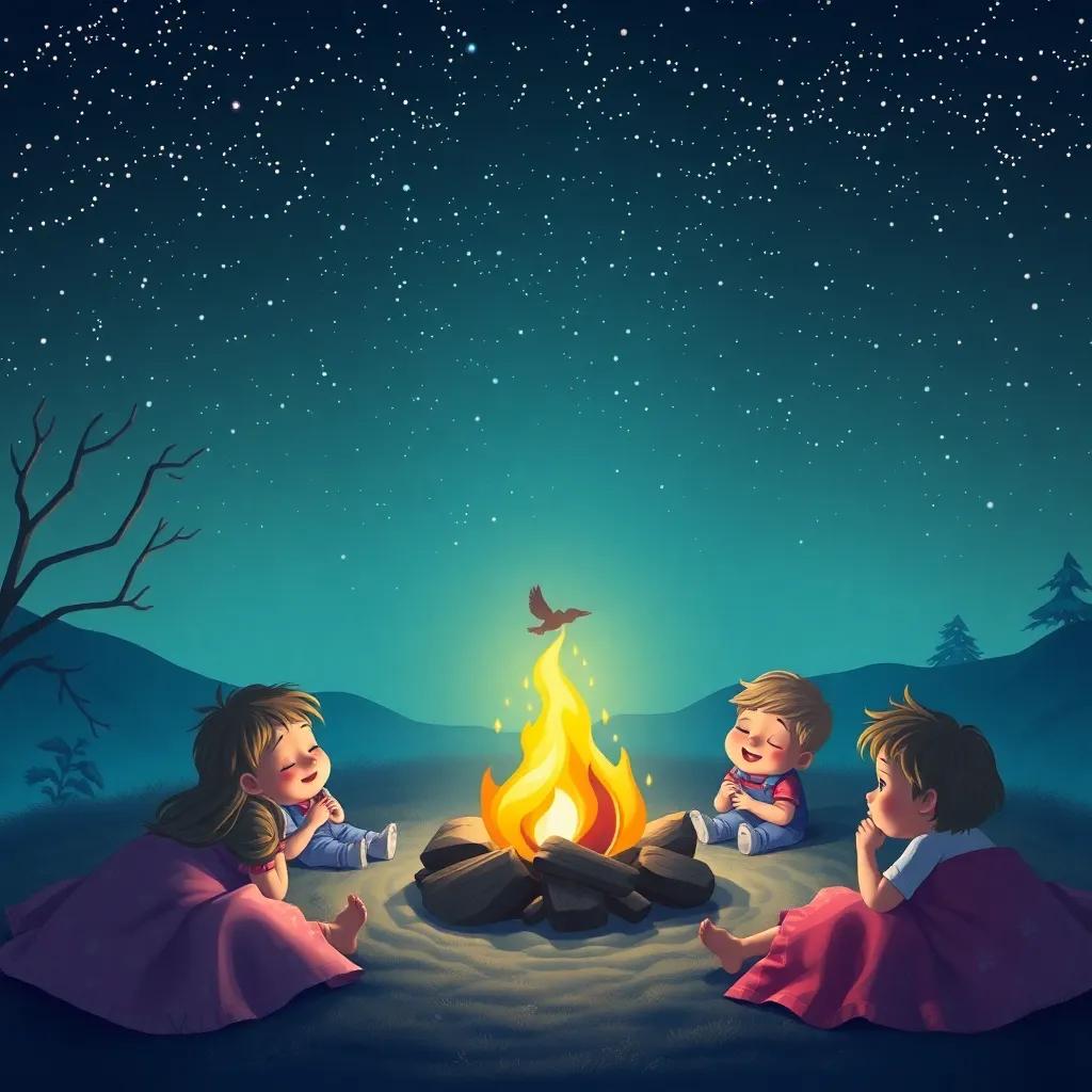 A gentle campfire singing a lullaby of dreams, surrounded by sleeping children under the starry sky, soothing and peaceful imagery, dreamy night, high quality