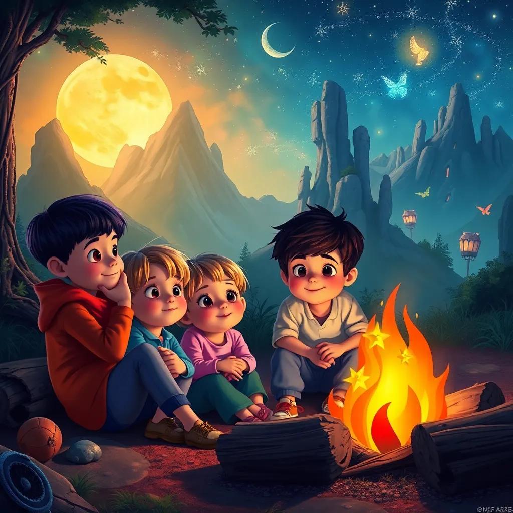 Children dreaming by the campfire, surrounded by magical landscapes from the stories they've heard, rich colors and whimsical details, enchanting scene