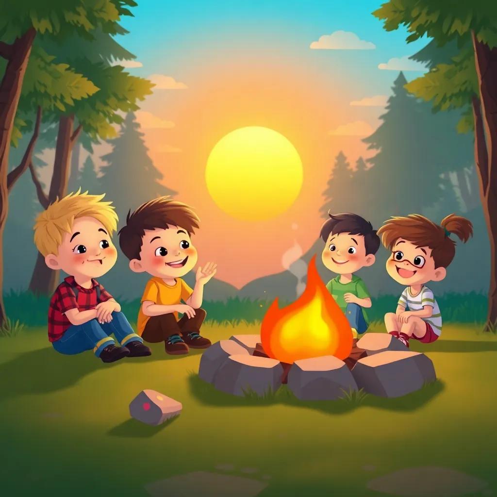 The morning sun rising over the campfire site, children waking up with smiles, new adventures awaiting, bright and cheerful atmosphere, vibrant colors