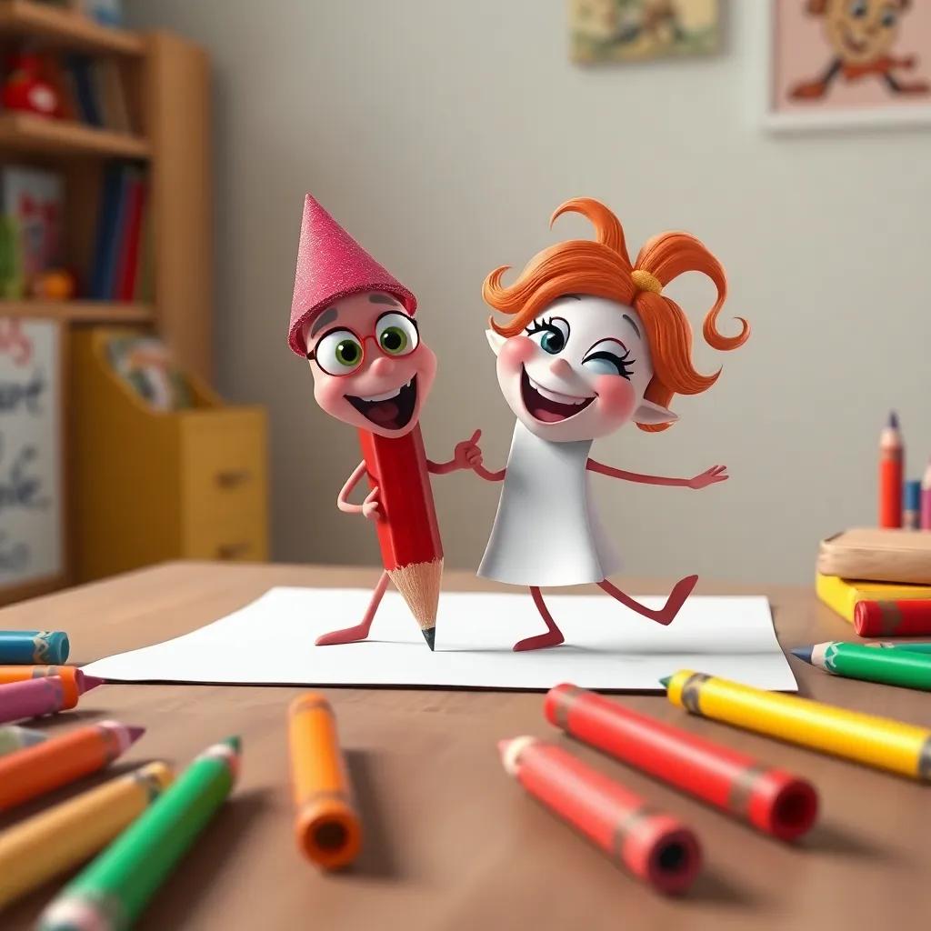 Pippin, the red pencil, and Polly, the white sheet of paper, come to life, wiggling joyfully together on a desk with colorful crayons around, vibrant digital art, animated, playful perspective, high quality