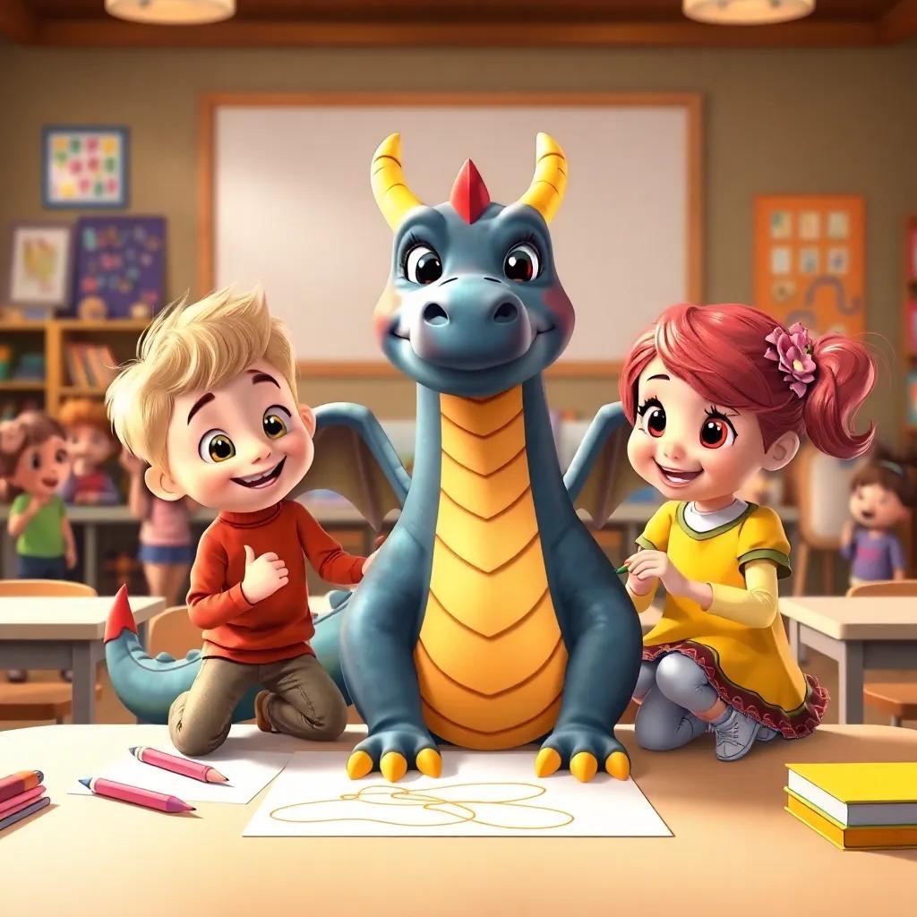 Pippin and Polly drawing a big friendly dragon with brightly colored scales in a lively classroom, children in the background watching with awe, lively digital illustration, fun colors, inviting feel, sharp focus
