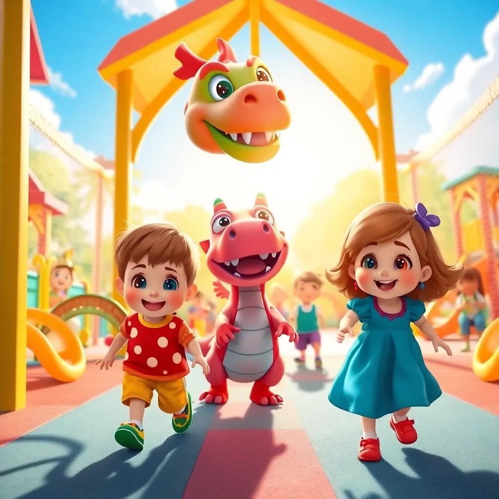 Pippin and Polly following their colorful dragon outside into a bright playground filled with happy children playing, sunlight shining, colorful playground equipment, bright digital art, cheerful atmosphere, wide view