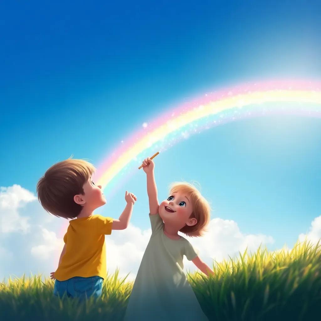 Pippin and Polly drawing a gigantic shimmering rainbow in a clear blue sky, children looking up in exhilaration, warmth of the sun caressing them, magical digital painting, bright colors, dreamlike quality