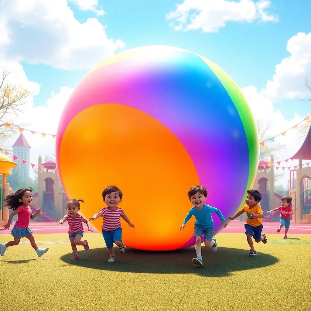 The giant bouncing ball, colored like a rainbow, rolling across the playground with children chasing after it, laughing and glowing with excitement, dynamic digital art, colorful, energy-filled scene