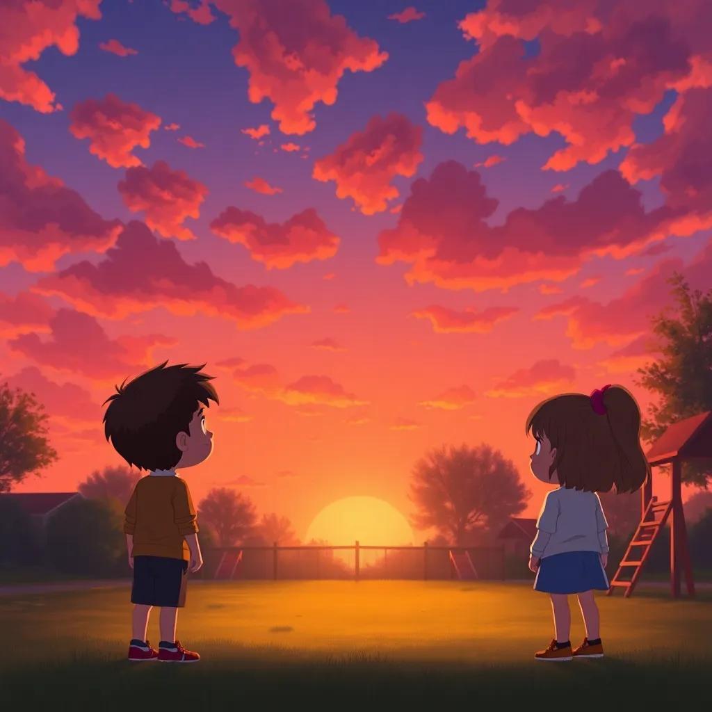 Pippin and Polly creating a sunset sky filled with shades of orange, purple, and pink above the playground, children admiring the beauty, serene digital painting, peaceful, warm colors, calming perspective