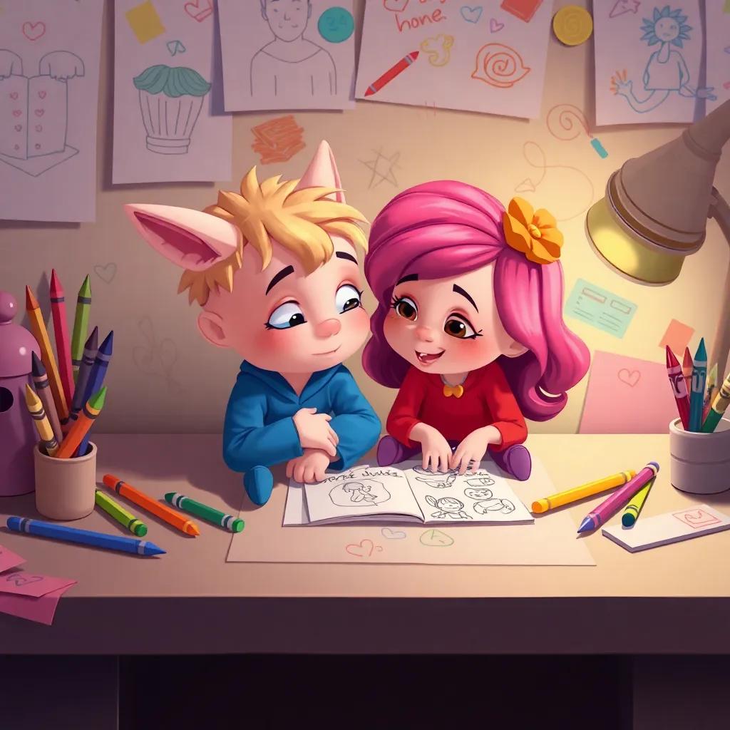 Pippin and Polly snuggling on their desk, talking about their favorite doodles with a colorful backdrop of paper and crayons around them, cozy digital art, intimate atmosphere, inviting