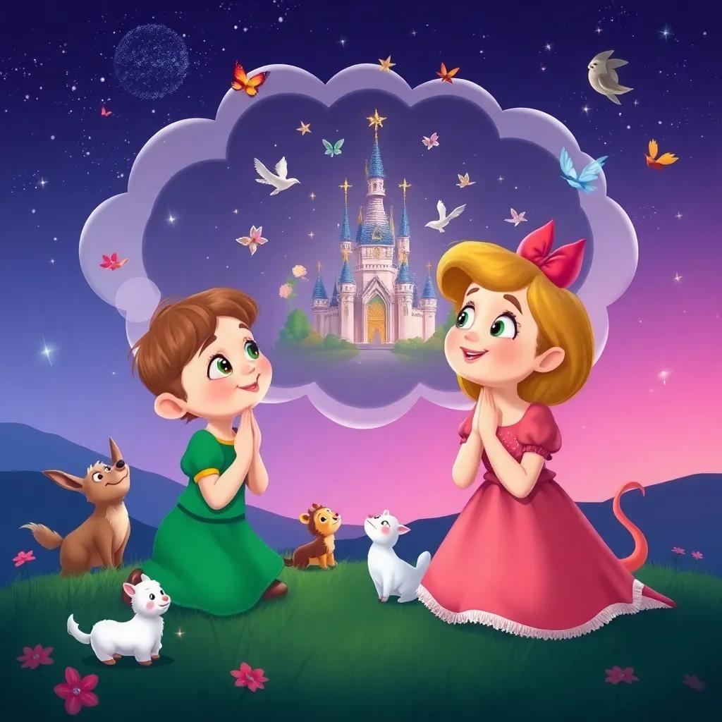 Pippin and Polly happily dreaming of their next adventure with a thought bubble showing a castle surrounded by enchanted animals, whimsical digital illustration, imaginative, vibrant