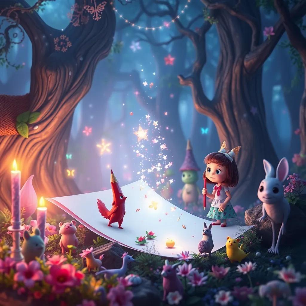 An enchanting scene showing Pippin, the red pencil, and Polly, the white sheet of paper, with magical aura as they create an enchanted forest filled with colorful creatures, mesmerizing digital art, fantasy atmosphere, vivid detail
