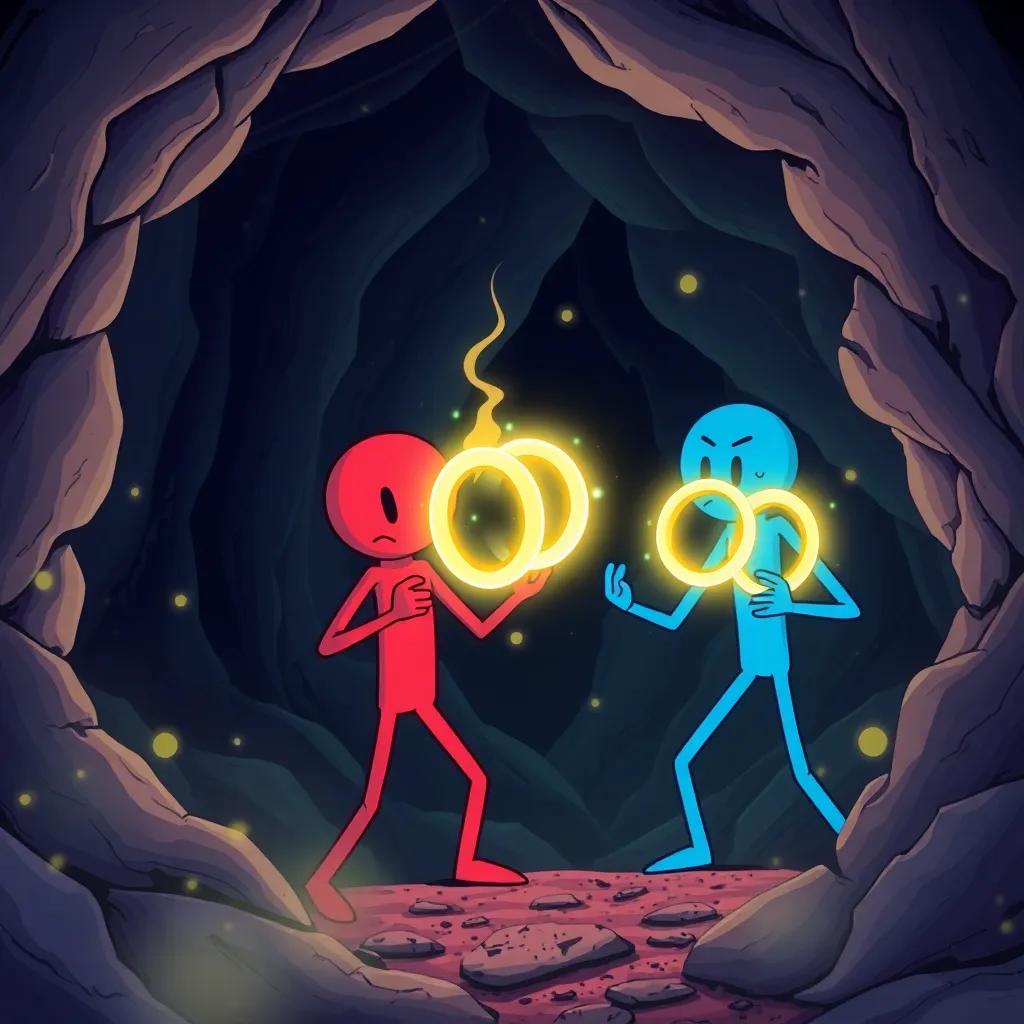 Chris and Mike in a mysterious cave discovering the Ten Rings glowing with magic, Chris, the red stickman, looks excited while Mike, the blue stickman, looks amazed, magical energy surrounding them, illustration style, magical and adventurous, vivid colors, detailed features, immersive artwork