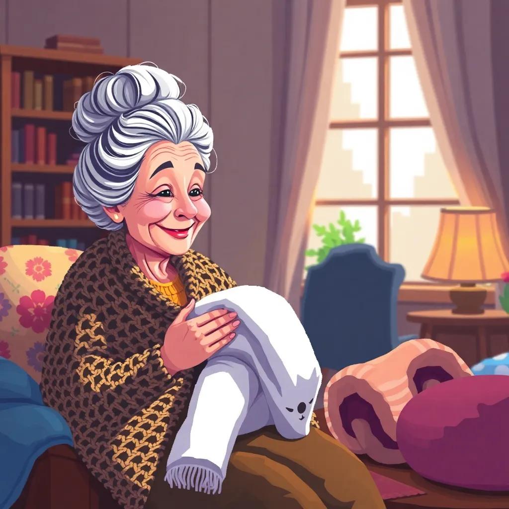 An old lady, with gray hair in a bun wearing a warm knitted shawl, smiling gently while offering blankets and fresh clothes to Clara in a cozy living room, warm light, inviting colors, high quality