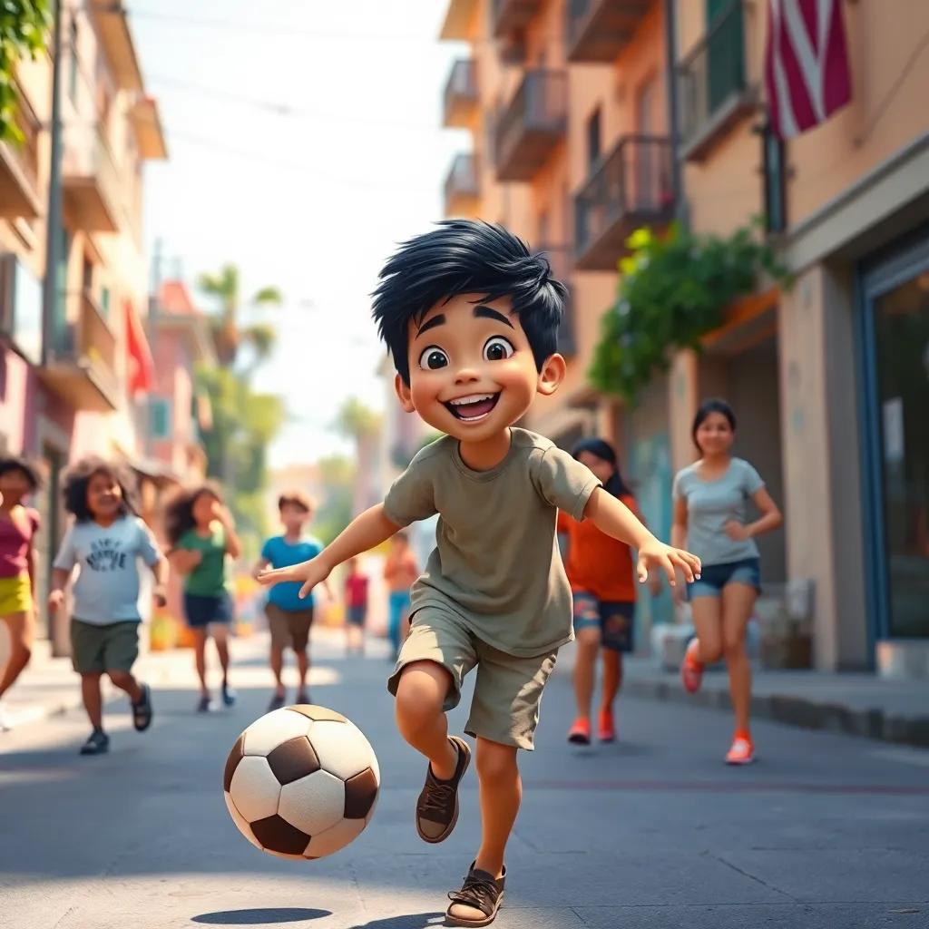 A young boy, Omar, with short black hair, wearing a simple t-shirt and shorts, joyfully playing football with friends in a sunny street, laughter and excitement around, digital art, vibrant colors, cheerful atmosphere, high quality