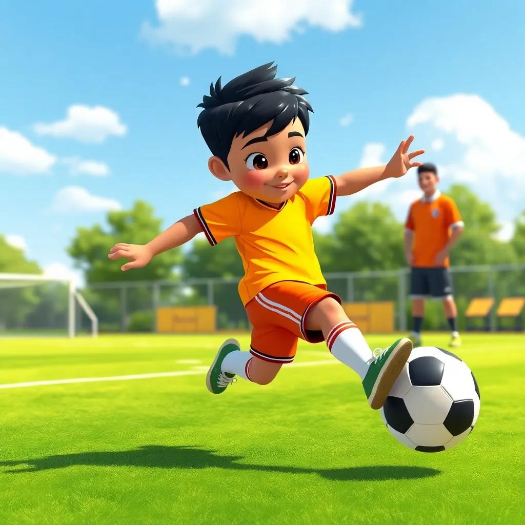 A young boy, Omar, with short black hair, wearing a bright jersey and shorts, impressively kicking a football on a green field with a coach watching, sunny day, detailed illustration, hopeful and energetic, child-friendly