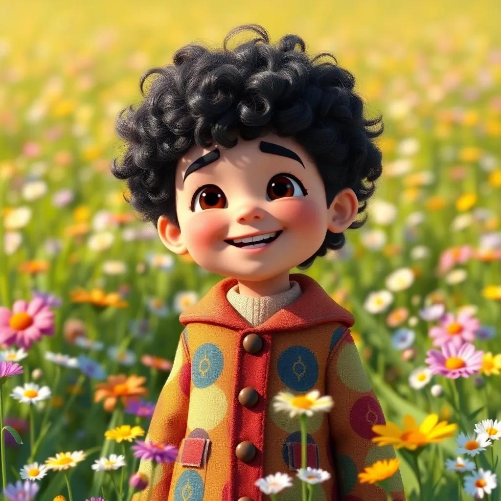 A young boy named Yosef, with curly dark hair, wearing a colorful coat, standing in a sunny meadow filled with flowers, looking joyful and playful, digital art, cheerful scene, vibrant colors, high quality