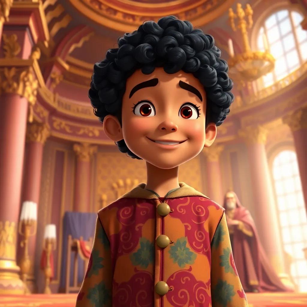 A young boy named Yosef, with curly dark hair, wearing a vibrant coat, standing before a king in a grand palace with high ceilings and golden decorations, smiling confidently, illustration, royal atmosphere, warm colors, detailed image