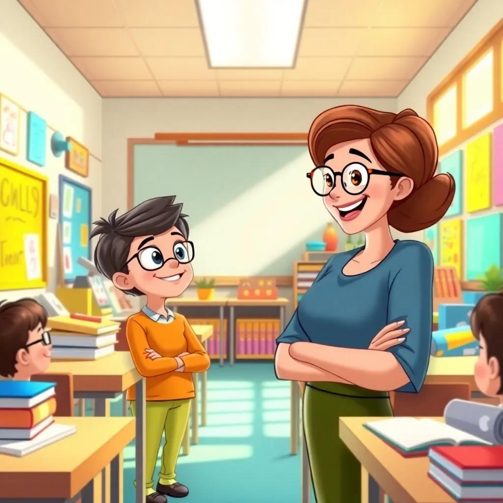 A vibrant classroom filled with colorful drawings, featuring a cheerful teacher, Ms. Lila, with glasses and a bright smile, talking to a curious student, Alex, under warm sunlight, digital art, inviting and lively, high quality