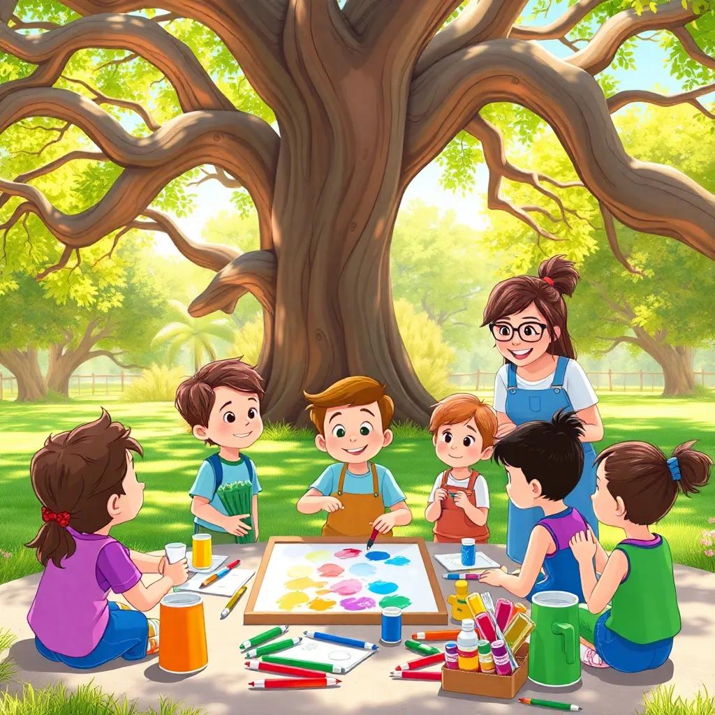 A sunny outdoor scene with children painting under a big oak tree, featuring Alex mixing colors on a palette, colorful art supplies scattered around, with a friendly teacher encouraging them, cheerful and engaging, digital illustration, bright and happy atmosphere