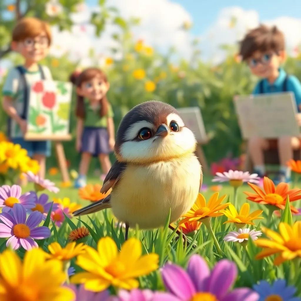 A close-up of a cute little bird perched on the grass, surrounded by vibrant flowers, with students in the background painting and laughing, sunny day, joyful scene, colorful and lively, detailed illustration, high quality