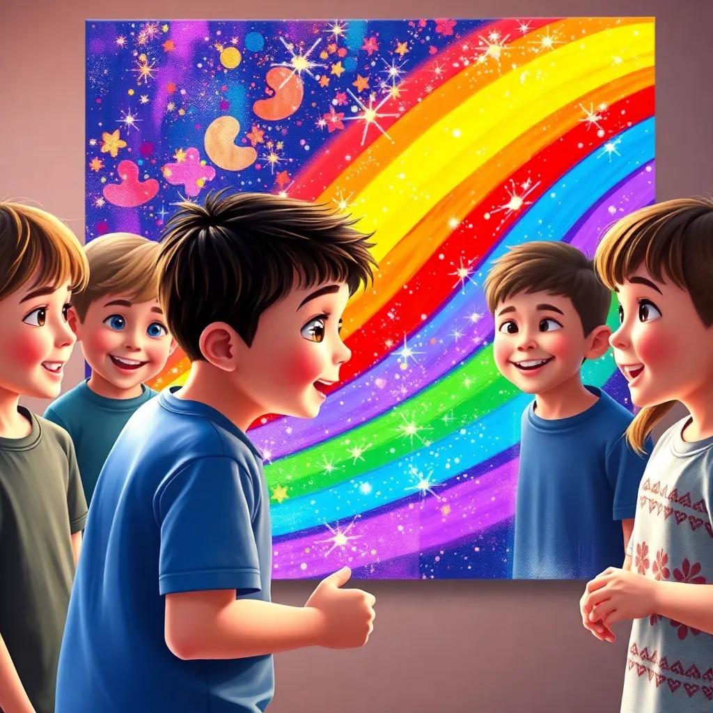 A colorful painting of a rainbow with sparkles, created by a young boy, Alex, with students admiring his masterpiece, showing excitement and joy, bright colors, charming atmosphere, digital art, heartwarming and engaging