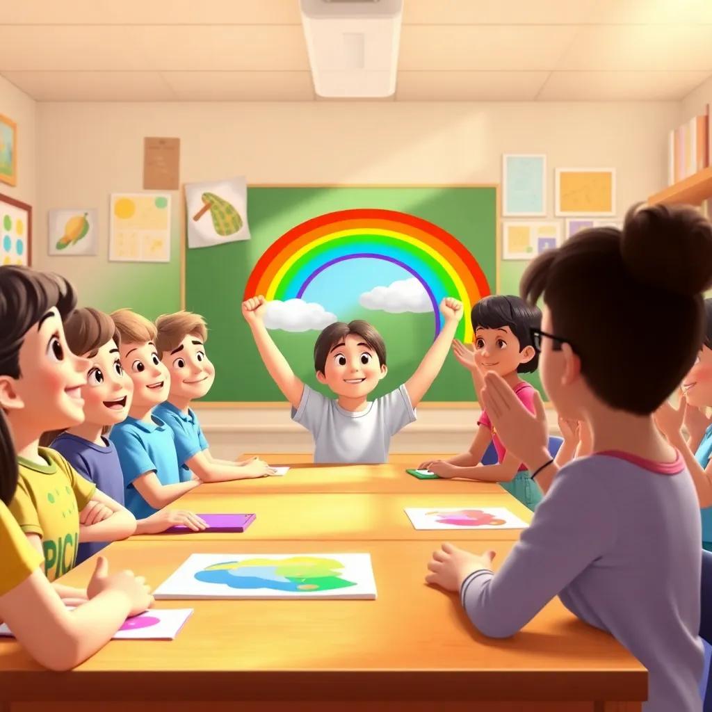 A classroom with students sharing their artwork, featuring Alex proudly showing his rainbow to his classmates and Ms. Lila clapping, filled with creativity and enthusiasm, warm light, happy environment, detailed digital art, child-friendly