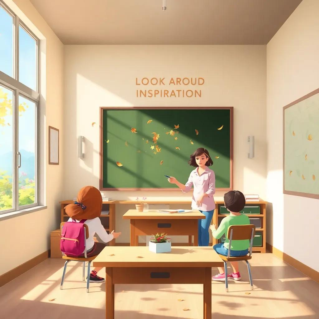 A gentle breeze blowing through the classroom with leaves dancing outside, Ms. Lila inspiring her students to look around for inspiration, colorful nature scenes visible through windows, beautiful light, suggestive of creativity, charming illustration
