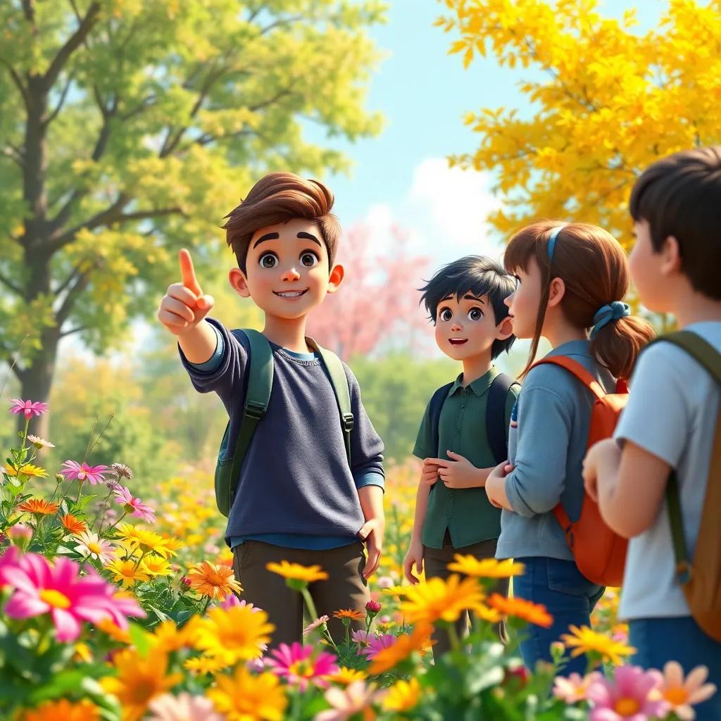 A student pointing out the vibrant colors in nature, surrounded by classmates discussing their ideas, with a backdrop of flowers and trees, bright flowers, engaging and cheerful environment, detailed digital art, inviting and warm