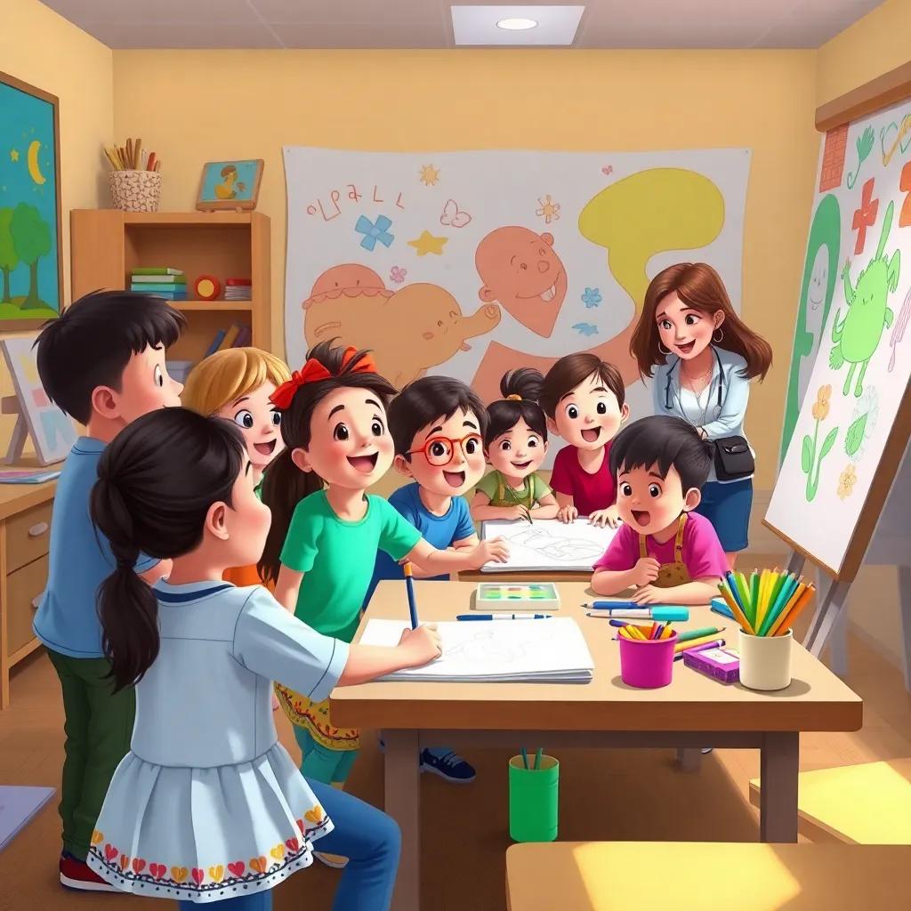 A group of excited children planning their mural in the classroom, with Ms. Lila guiding them, featuring sketches and art supplies, bright colors and creativity, lively atmosphere, heartwarming digital illustration