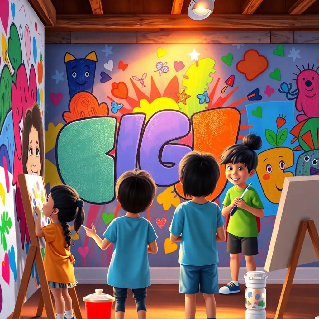 A colorful mural in progress, with children painting together, showcasing diverse talent, joy, and teamwork, warm light reflecting off the artwork, engaging and vibrant scene, detailed digital art