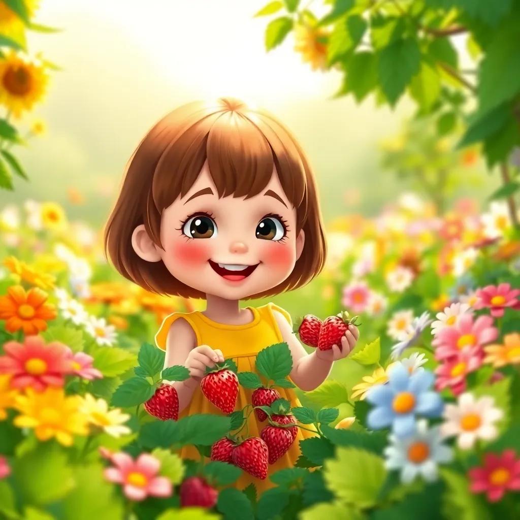 A cheerful little girl, Lucy, with short brown hair, wearing a yellow dress, picking strawberries in a bright green garden, sun shining, colorful flowers all around, digital art, vibrant colors, joyful scene, high quality