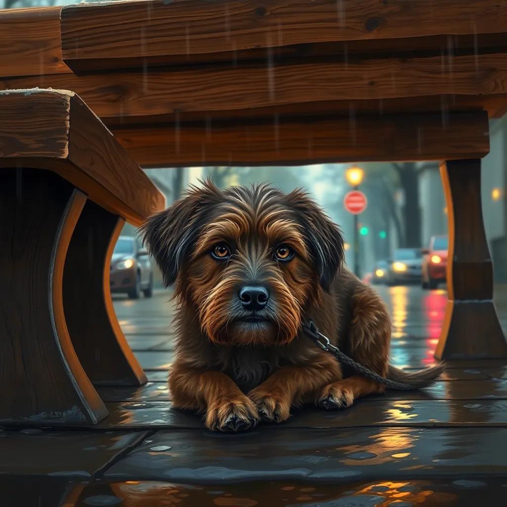 A stray dog named Max, a scruffy brown mix with kind eyes, seeking shelter under a worn wooden bench on a rainy evening, digital art, warm colors, cozy atmosphere, high quality