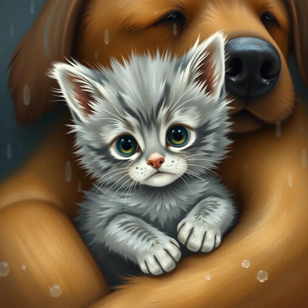 A tiny kitten named Luna, a fluffy gray tabby with big eyes, nestled against Max, the brown stray dog, both warm and safe from the rain, illustration, heartwarming, cheerful scene, detail-rich