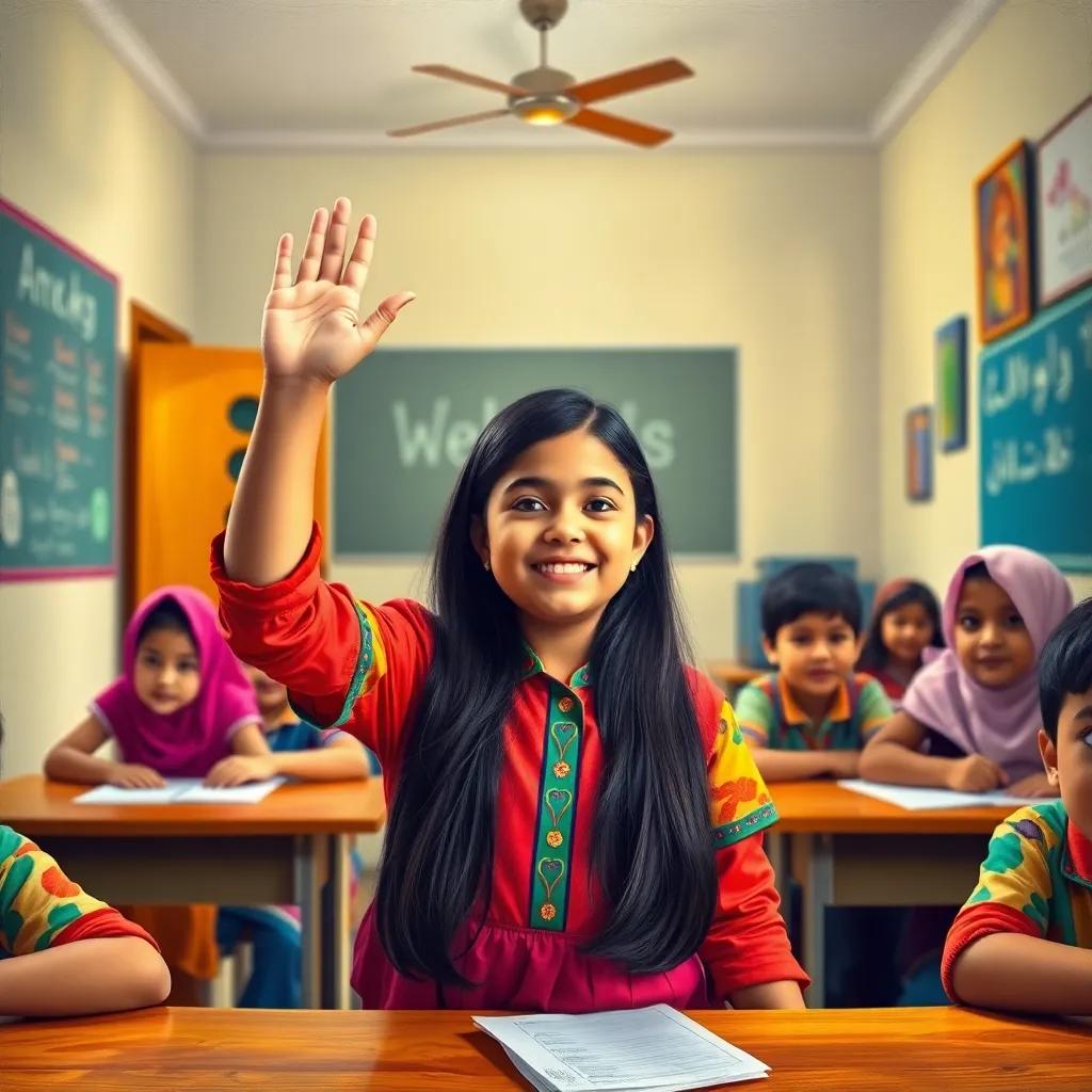 A small charming classroom in Oman, with Amina, a young Omani girl with long black hair wearing a colorful school uniform, raising her hand eagerly, in a welcoming atmosphere, cheerful lighting, bright colors, focus on Amina and her classmates