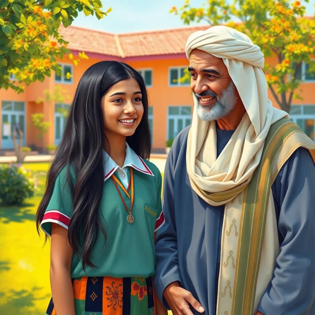 Amina, a young Omani girl with long black hair in a colorful school uniform, talking with Mr. Hassan, an older Omani man with a warm smile, wearing a traditional dishdasha, discussing morals in a lush schoolyard, bright and sunny