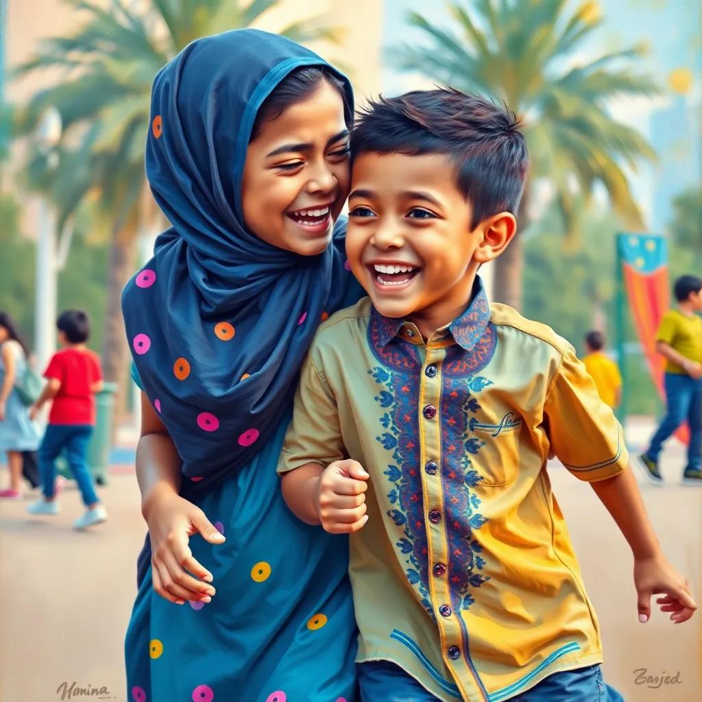 Amina and Zaid, a young Omani boy with short hair wearing a traditional shirt, playing together on a playground, surrounded by laughter and joy, vibrant colors, playful atmosphere, capturing their friendship